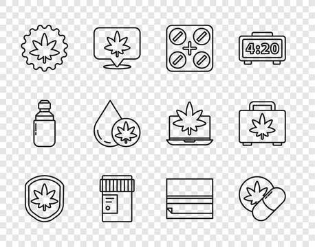 Set line Shield and marijuana leaf, Herbal ecstasy tablets, Medical pills w.. Stock Illustration