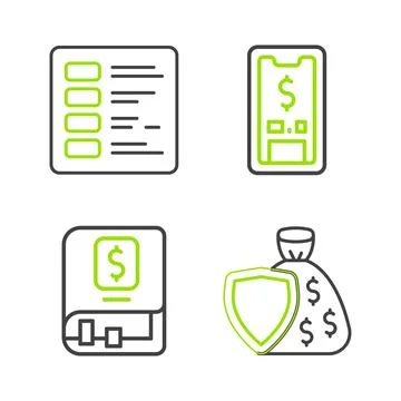 Set line Shield and money bag, Financial book, Mobile with dollar and Busin.. Stock Illustration