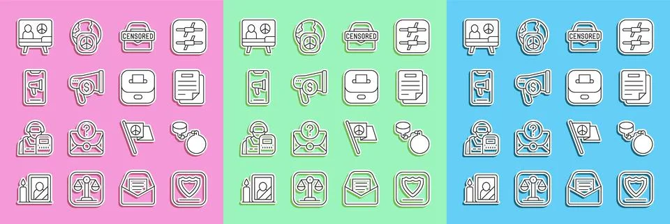 Set line Shield, Ball on chain, Document, Censored stamp, Megaphone and dolla 库存插图
