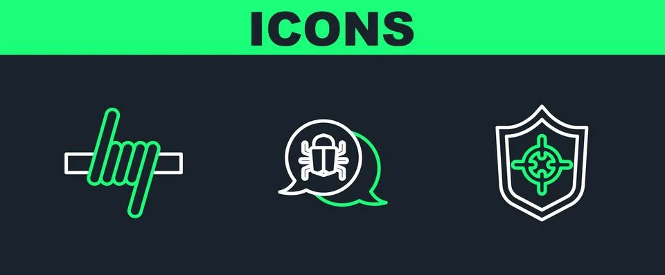 Set line Shield, Barbed wire and System bug icon. Vector Stock Illustration