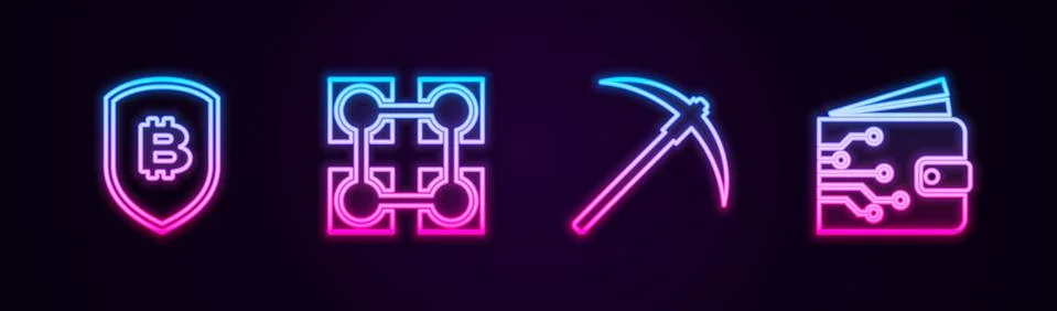 Set line Shield with bitcoin, Blockchain technology, Pickaxe and Cryptocurrency Illustrazione stock