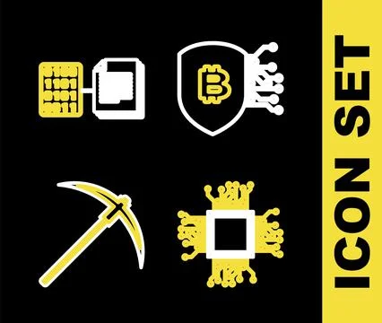 Set line Shield with bitcoin, Brain as digital circuit board, Pickaxe and S.. Stock Illustration