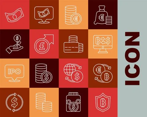 Set line Shield with bitcoin, Cryptocurrency exchange, Coin money euro symbol Stock Illustration