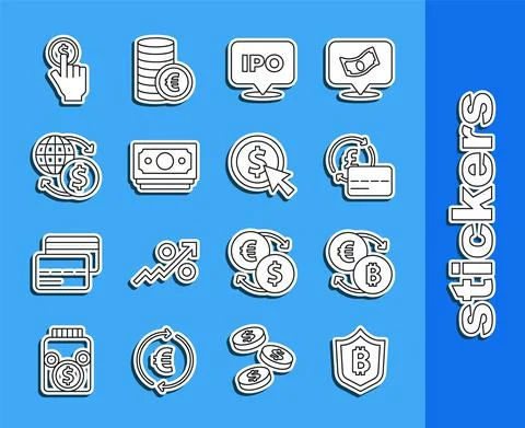 Set line Shield with bitcoin, Cryptocurrency exchange, Credit card, IPO, Stacks Illustrazione stock