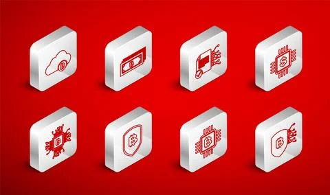 Set line Shield with bitcoin, Cryptocurrency, Smart contract, Processor chip Stockillustratie