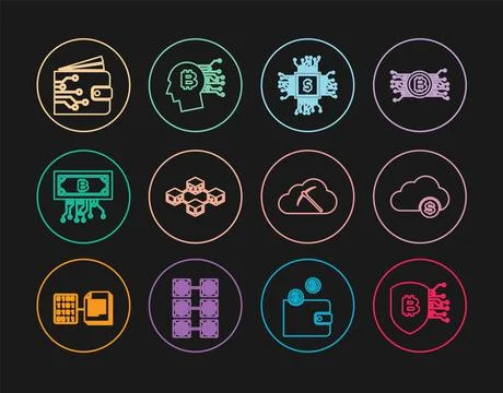 Set line Shield with bitcoin, Cryptocurrency cloud mining, Processor chip dollar Stock Illustration