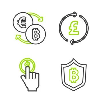 Set line Shield with bitcoin, Hand holding, Coin money pound and Cryptocurr.. Ilustración de archivo