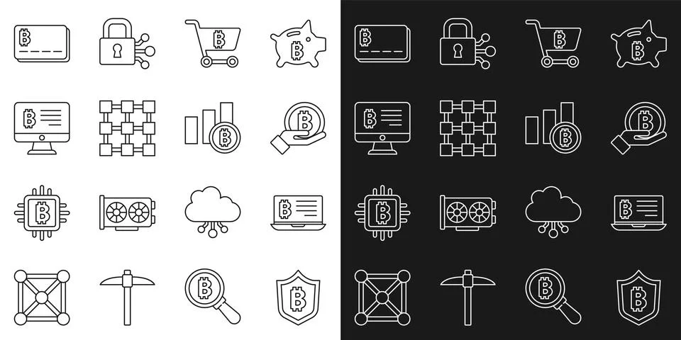 Set line Shield with bitcoin, Mining from laptop, Hand holding Bitcoin, Shopping Illustrazione stock
