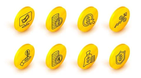 Set line Shield with bitcoin, Money bag, Coin money euro symbol, Dollar pla.. Stock Illustration