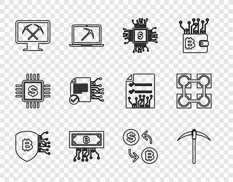 Set line Shield with bitcoin, Pickaxe, Processor chip dollar, Cryptocurrency Stock Illustration