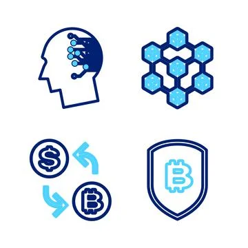 Set line Shield with bitcoin, Processor chip dollar, Blockchain technology and Stock Illustration