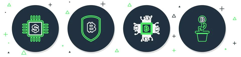 Set line Shield with bitcoin, Processor, chip dollar and Cryptocurrency key icon Illustrazione stock
