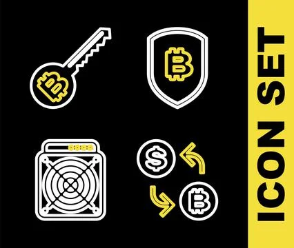 Set line Shield with bitcoin, Processor chip dollar, ASIC Miner and Stock Illustration