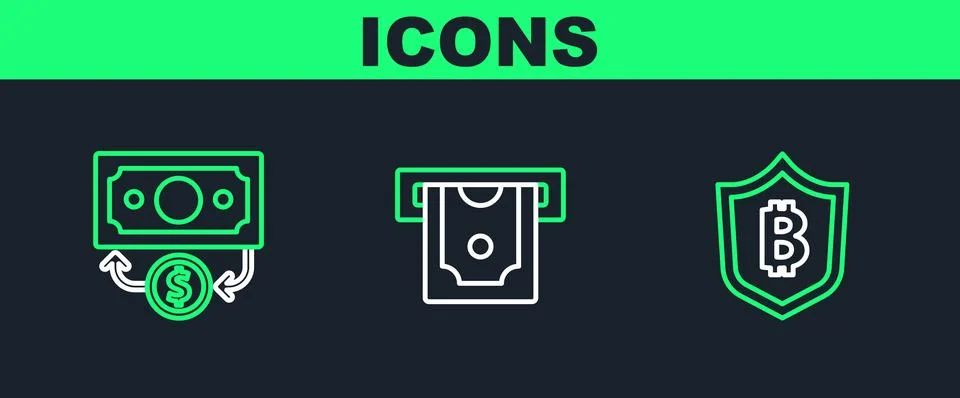 Set line Shield with bitcoin, Stacks paper money cash and ATM and icon. Vector Stock Illustration
