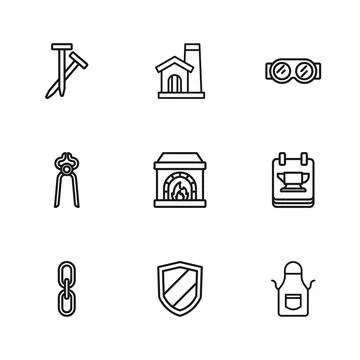 Set line Shield, Blacksmith anvil tool, apron, oven, Welding glasses, Metal.. Stock Illustration