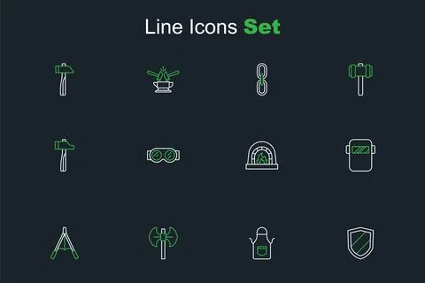 Set line Shield, Blacksmith apron, Medieval poleaxe, Air blower bellows, We.. Stock Illustration