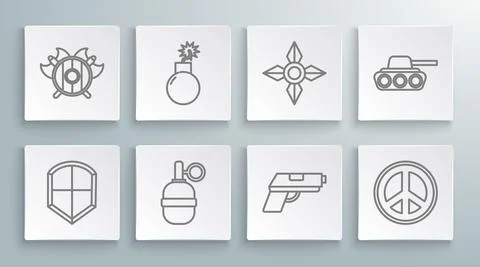 Set line Shield, Bomb ready to explode, Hand grenade, Pistol or gun, Peace Stock Illustration