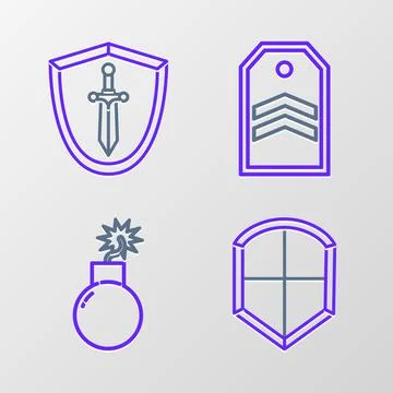 Set line Shield, Bomb ready to explode, Chevron and Medieval shield with sword Illustrazione stock