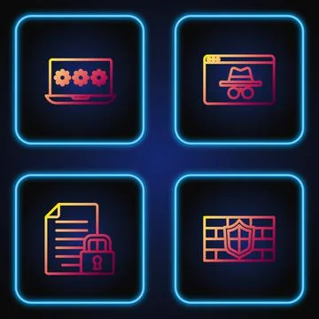 Set line Shield with brick wall, Document and lock, Laptop password and Browser 스톡 일러스트