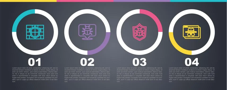 Set line Shield with brick wall, System bug, and Browser incognito window Stock Illustration