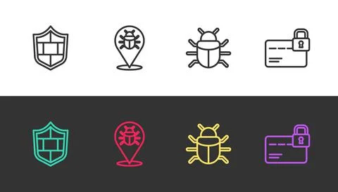 Set line Shield with brick wall, System bug, and Credit card lock on black and Illustrazione stock