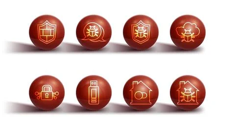 Set line Shield with brick wall, Cyber security, System bug on cloud, Smart home Stock Illustration