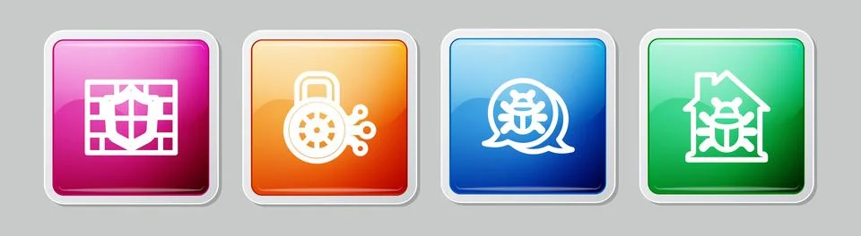 Set line Shield with brick wall, Cyber security, System bug and House system Stock-Illustration