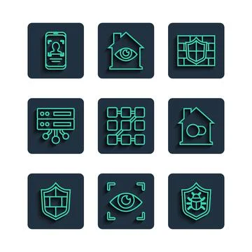 Set line Shield with brick wall, Eye scan, System bug, Graphic password 스톡 일러스트