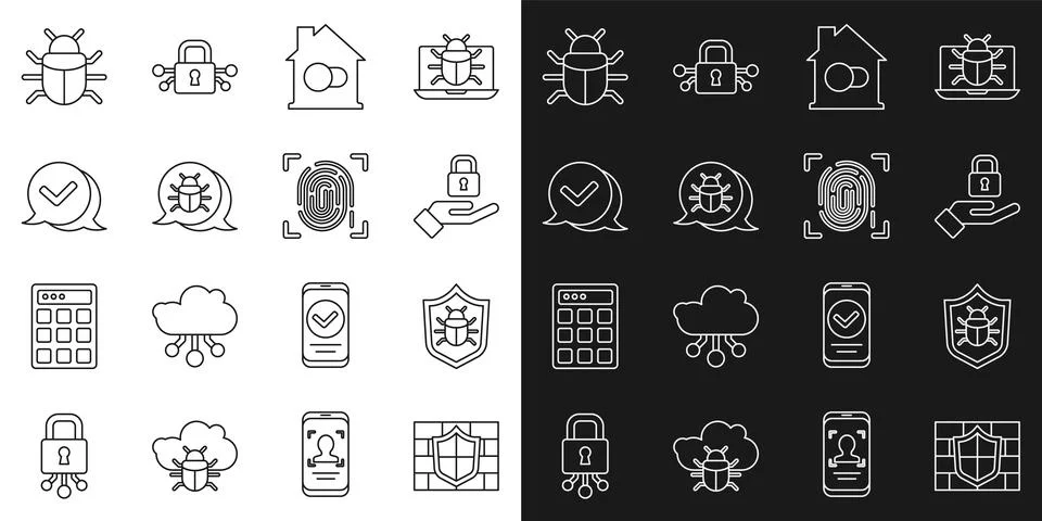 Set line Shield with brick wall, System bug, Lock in hand, Smart home, Check 스톡 일러스트