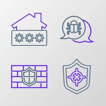 Set line Shield, with brick wall, System bug and House password icon. Vector イラスト素材
