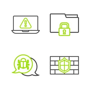 Set line Shield with brick wall, System bug, Folder and lock and Laptop 스톡 일러스트