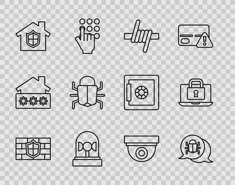 Set line Shield with brick wall System bug Barbed wire Flasher siren House un Illustrazione stock