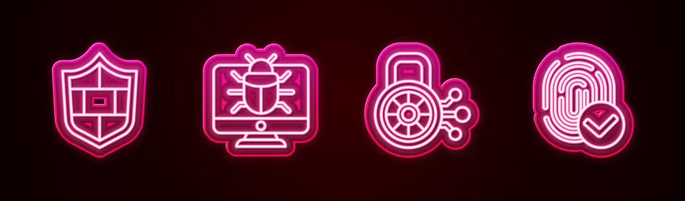 Set line Shield with brick wall, System bug on monitor, Cyber security and .. Illustrazione stock
