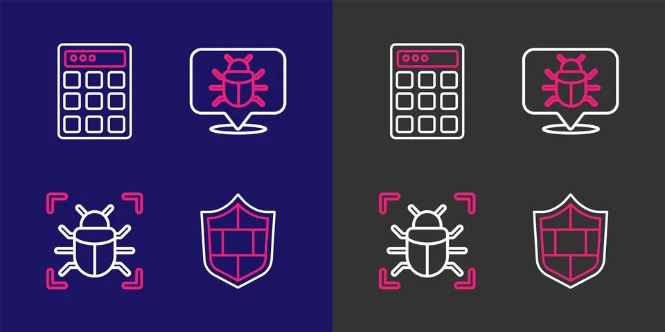 Set line Shield with brick wall, System bug,  and Password protection icon... Stock-Illustration