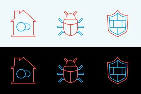 Set line Shield with brick wall, Smart home and System bug icon. Vector 스톡 일러스트