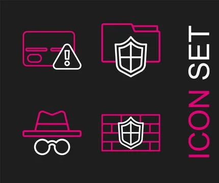 Set line Shield with brick wall, Incognito mode, Document folder protection.. Stock Illustration