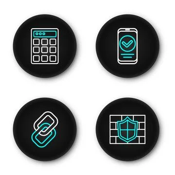 Set line Shield with brick wall, Chain link, Smartphone and Password protec.. Stock Illustration
