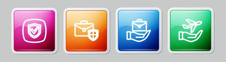 Set line Shield, Briefcase with shield, Hand holding briefcase and Plane ha.. Illustrazione stock