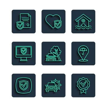 Set line Shield, Car accident, Approved and check mark, House flood, damaged by Stock Illustration