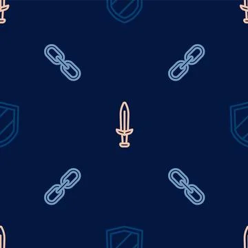 Set line Shield, Chain link and Medieval sword on seamless pattern. Vector Illustrazione stock