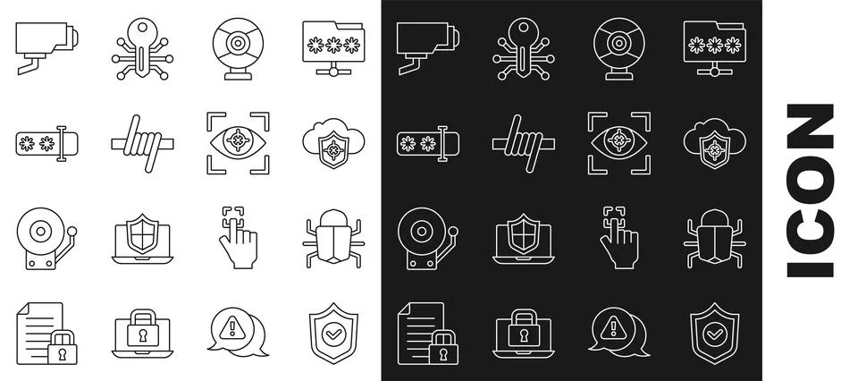 Set line Shield with check mark, System bug, Cloud and shield, Security camera Stock Illustration
