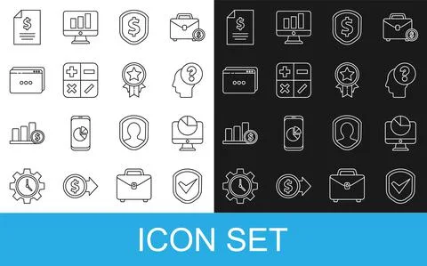 Set line Shield with check mark, Computer monitor graph chart, Human head 스톡 일러스트