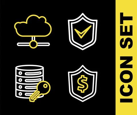 Set line Shield with check mark, dollar, Server security key and Network cloud Stock Illustration