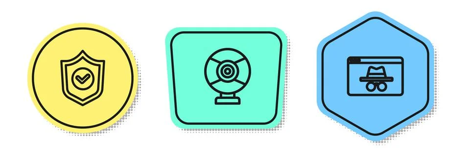 Set line Shield with check mark, Security camera and Browser incognito window 스톡 일러스트
