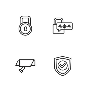 Set line Shield with check mark, Security camera, Lock and Cyber security icon Stockillustratie