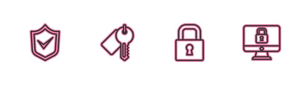Set line Shield with check mark, Lock, Marked key and on computer monitor icon Stock Illustration
