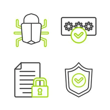 Set line Shield with check mark, Document and lock, Password protection and Illustrazione stock