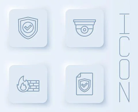 Set line Shield with check mark, Security camera, Firewall, security wall and Stock Illustration