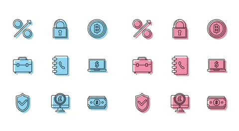 Set line Shield with check mark, Computer monitor pound sterling symbol, Percent Illustrazione stock