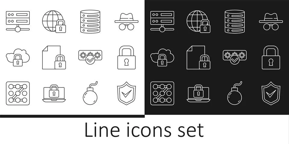 Set line Shield with check mark, Lock, Server, Data, Web Hosting, Document and Stock Illustration